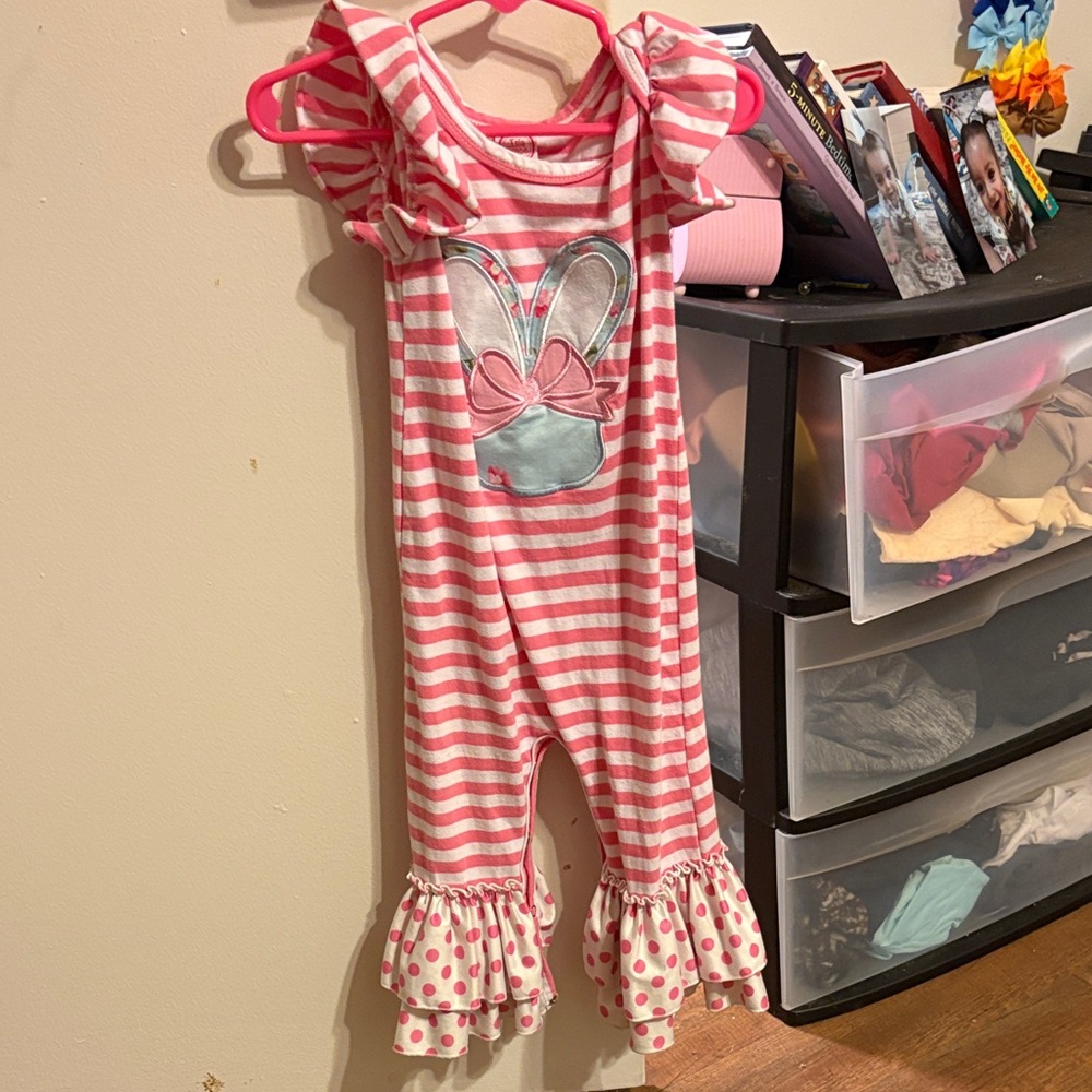 Easter Pink Striped Ruffle Romper with Bunny Design Bow On 🐰 Ruffle bottoms